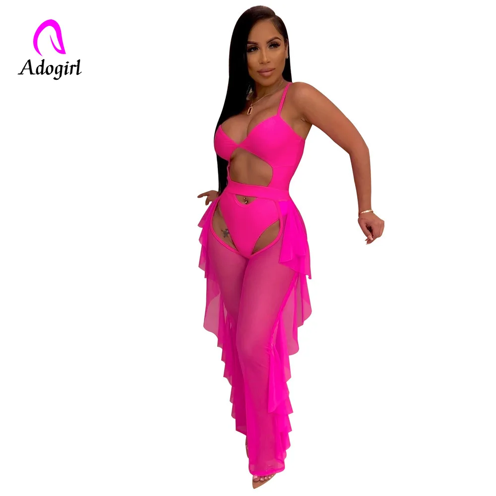 

Fluorescence Sexy 2 Piece Set Cut Out Spaghetti Straps Bodysuit Swimwear and Ruffle Mesh Open Crotch Pants Night Bathing Suits