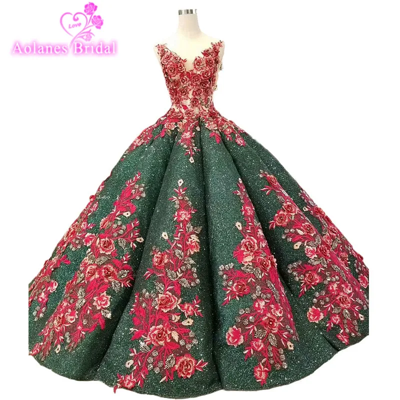 

2019 New Green Sequins Sleeveless Lace Appliques V-neck Floor-length Bridal Gowns Backless Ball Gown Vintage Wedding Dresses