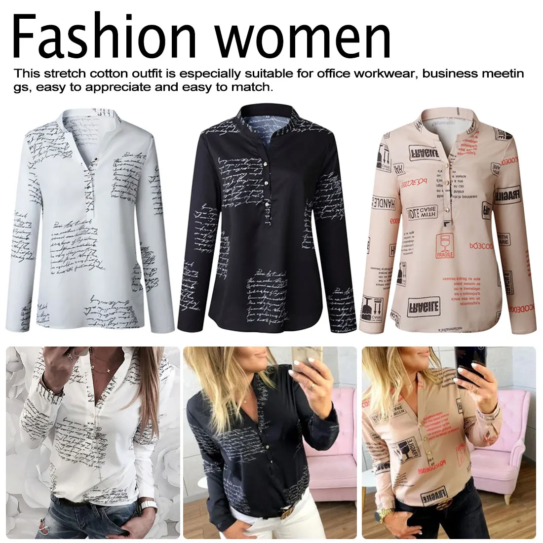 

Contracted Women Letters Printing Blouses Fashion Ladies Chic V Neck Button Long Sleeve Shirt Tops Blouse
