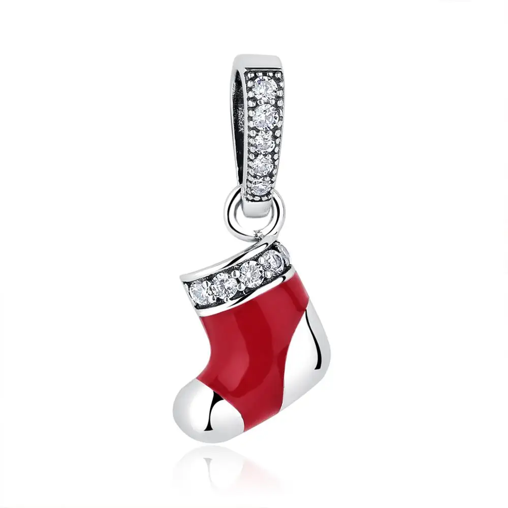 

Hermosa 100% 925 Sterling Silver Christmas Socks Red Beads Charms fit Women Bracelets Necklaces DIY Accessories SCC074