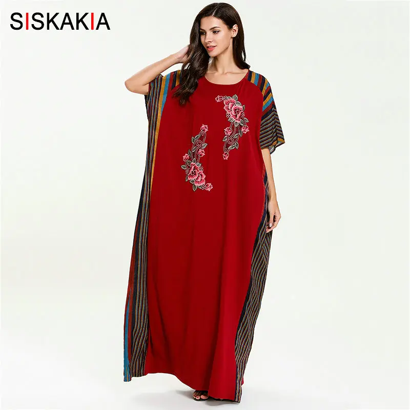 

Siskakia Fashion Plus Size Batwing Sleeve Long Dress Summer 2019 Colored Stripe Patchwork Dressing Gowns 8XL 7XL Rose Embroidery