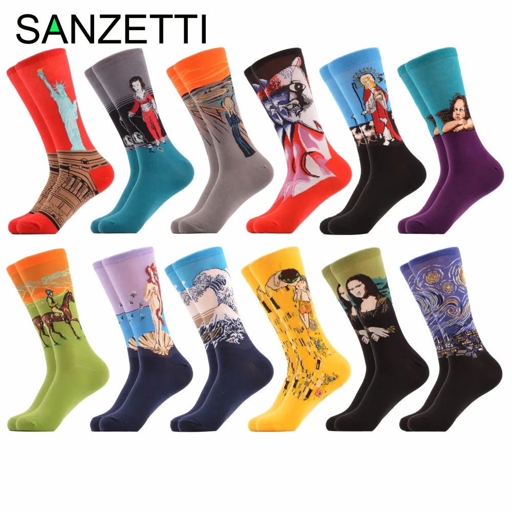 

SANZETTI 12 pairs/lot Men's Colorful Socks Combed Cotton Socks with Oil Painting Van Gogh Yellow Klimt Painting Streetwear Style