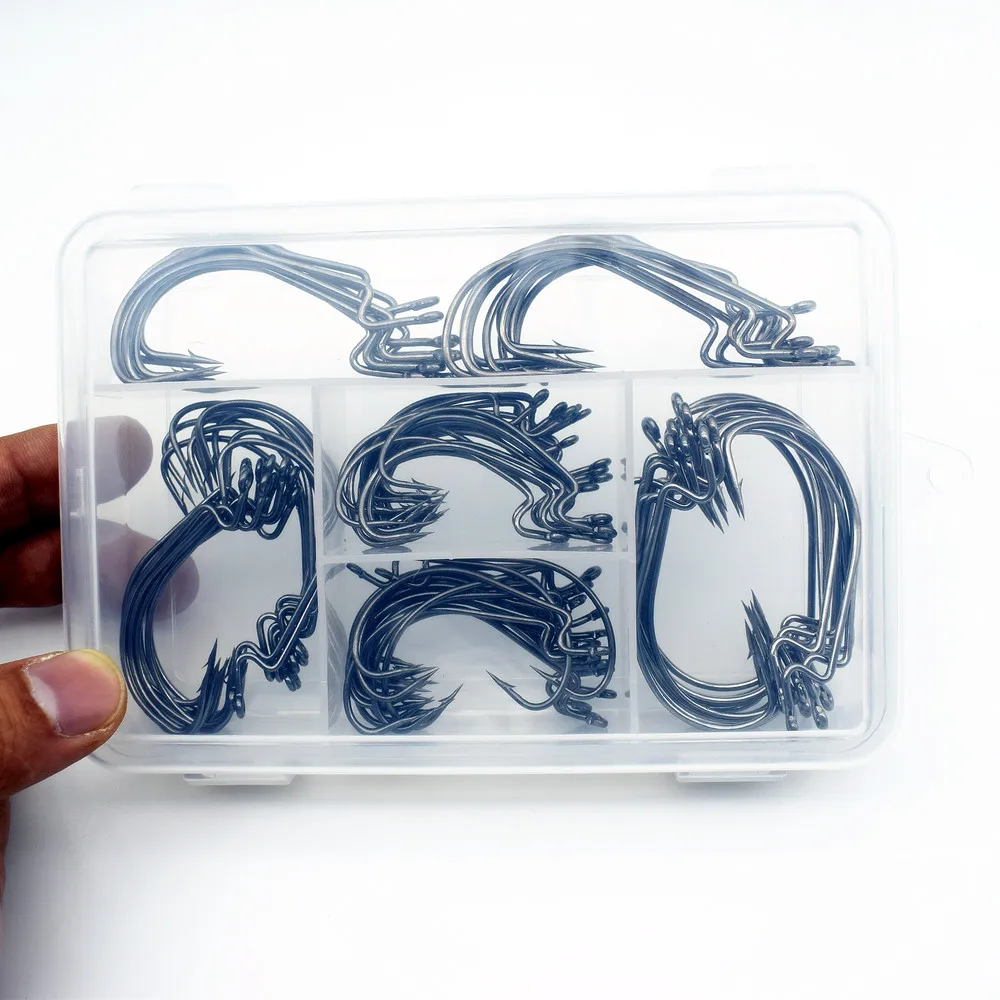 100pcs Mixed 5 Sizes 1/0 2/0 3/0 4/0 5/0 Sharp Soft Baits Worm Hooks Offset Barbed Crank Fishing Hooks