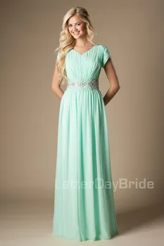 

Mint Chiffon Maxi Long Formal Floor Length Modest Bridesmaid Dresses With Cap Sleeves Beaded Ruched Bling Bridesmaid Gowns 2016