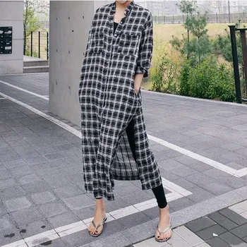 

2019 Summer Autumn Lapel Plaid Shirt Women Korean Style Casual Plus Size Blouses Stand Loose Long Tops