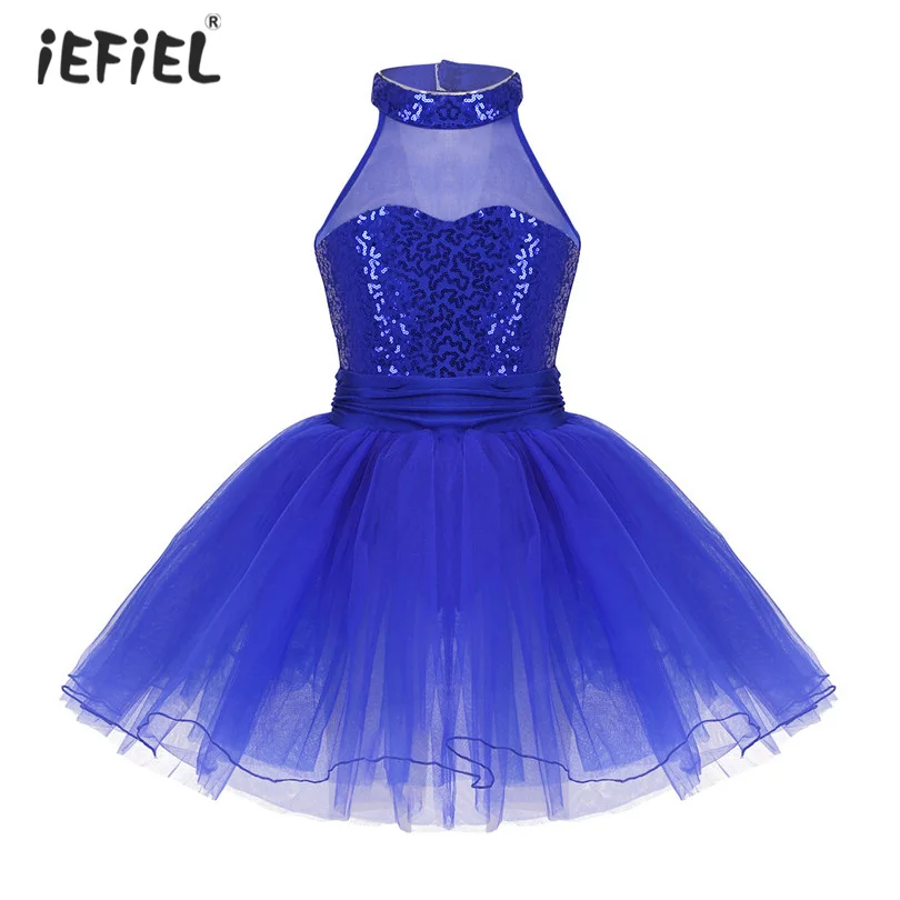 

iEFiEL Girls Sleeveless Tulle Ballet Dance Gymnastics Leotard Sequins Girls Ballerina Tutu Ballet Dress for Stage Performance