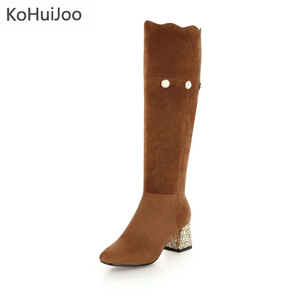 

KoHuiJoo Metal Heel Microfiber Knee High Boots Women Chunky High Heels 2018 New Design Black Gray Brown Short Plush Winter Boots