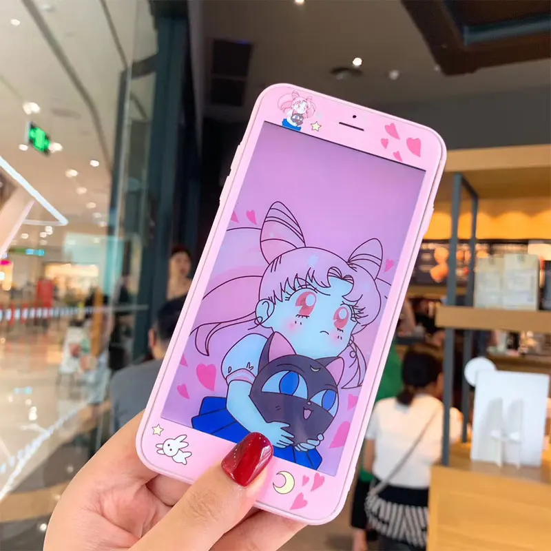 Cute Sailor Moon phone Case&Tempered Glass Screen film For iphone X Pink case for iphone XR XS Max 6 6s 7 8 plus Case Front film