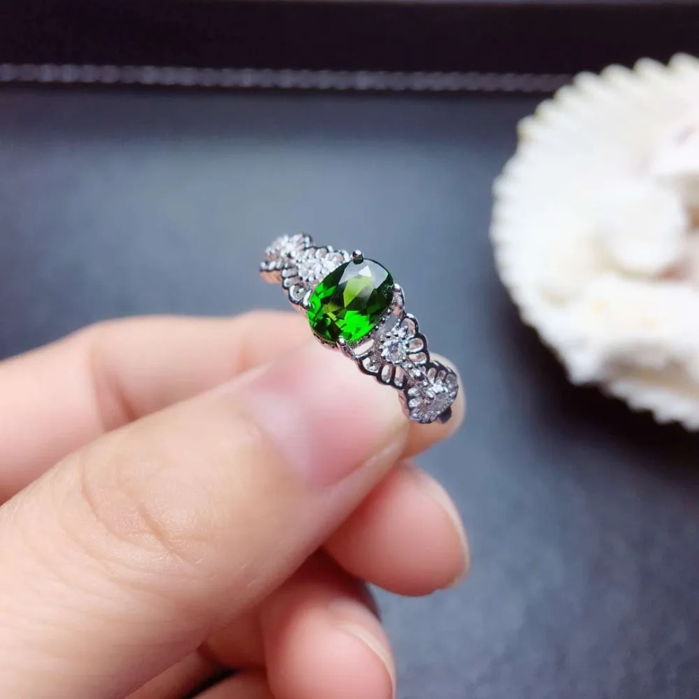 Мода Грейс выдалбливать натуральный зеленый диопсид кольцо S925 серебра, природных драгоценных камней кольцо девушка Для женщин вечерние fine Jewelry