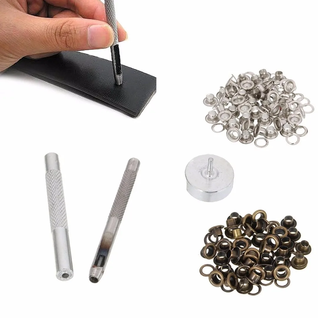4MM Grommet Installation Setting Tool Kit Set + Leather Hole Punch + 80 Eyelets Handmade Metal Eyelets Grommet