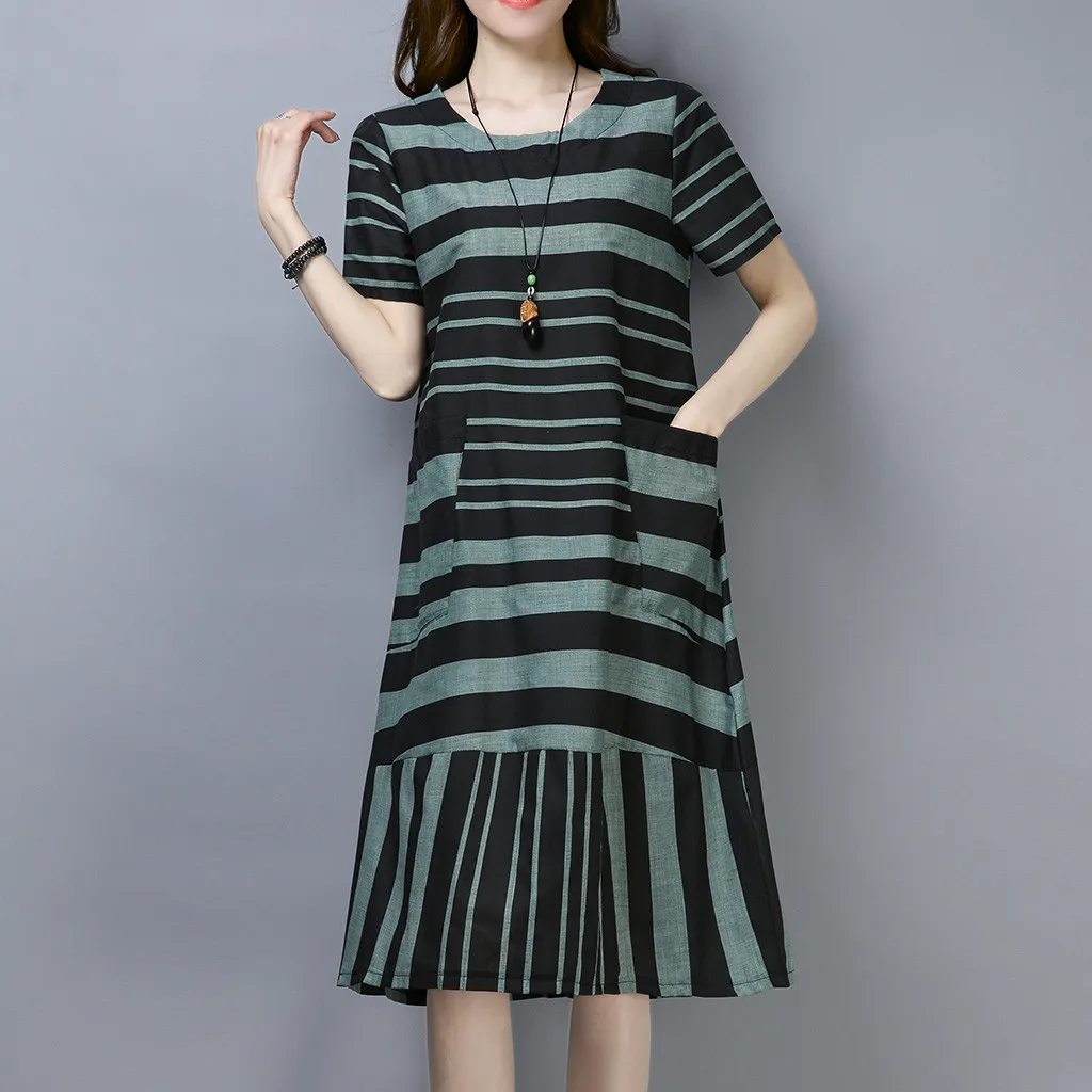 Женское винтажное Полосатое платье с коротким рукавом, Повседневное Платье До Колена, хлопок, лен,, Vestidos размера плюс, в полоску - Цвет: A