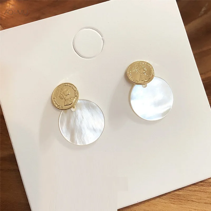 

AOMU Korean Simple Metal Gold Coin Geometric Round Matte Circle Shell Stud Earrings for Women Girls Birthday Gifts Jewelry