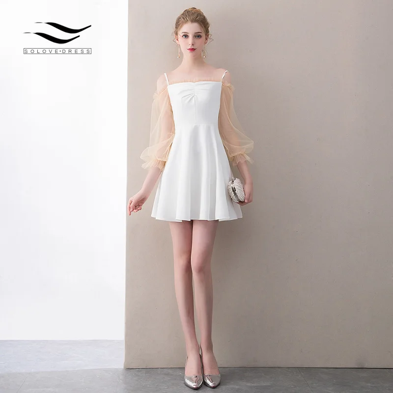 

Solovedress Elegant Chiffon Sexy Ruffle Aline Long Yellow Illusion Lace Sleeves Evening Gown Dress with Spaghetti Strap SL-S003