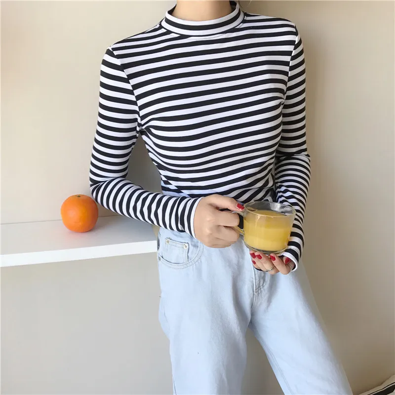 

2019 Korean Style Long Sleeve T Shirts Women New Hot Sale Student T-shirt Womens Fashion Harajuku Striped Female Slim Femme Lady