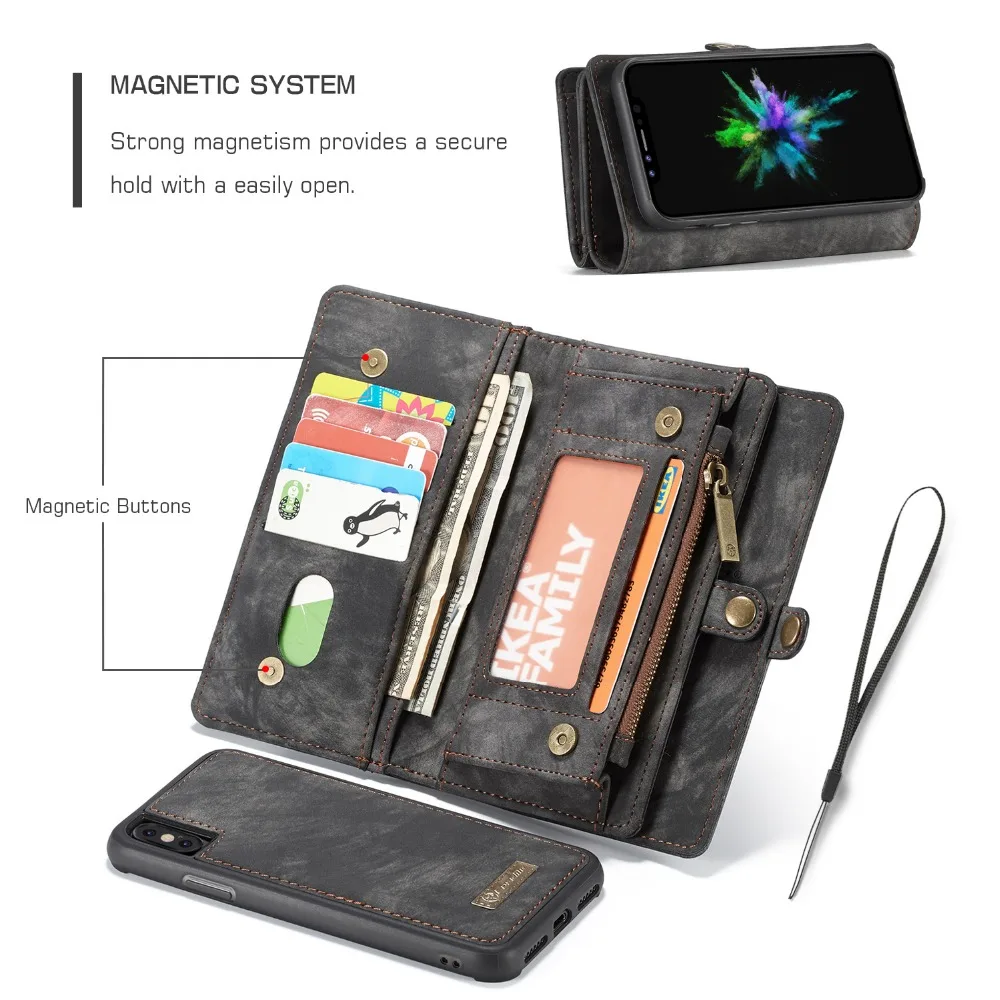 Для iPhone XS кошелек Чехол 2 в 1 кожаный на молнии съемный магнитный 11 слотов для карт карман для денег чехол для iPhone 11 Pro XS MAX XR