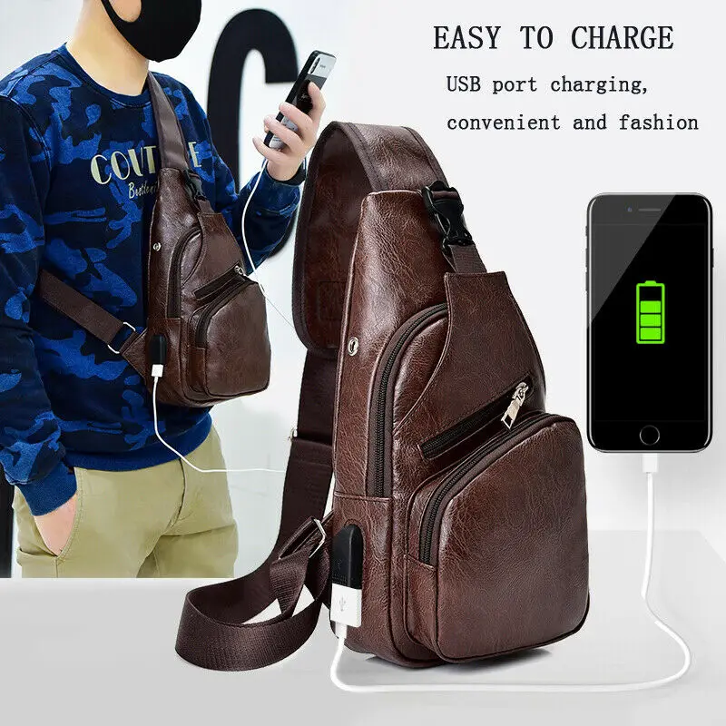الرجال بو حمالة جلدية الصدر حزمة Crossbody الرياضة حقيبة كتف + USB ميناء الشحن الكتف با