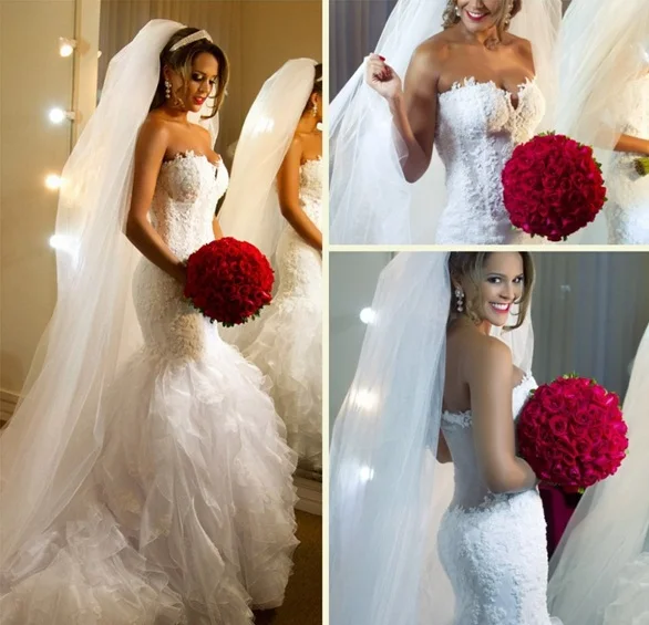 

Exclusive 2015 New Arrival Real Picture Mermaid Wedding Dresses Sweetheart Appliques See Through Back Ruffles Sexy Bridal Gowns