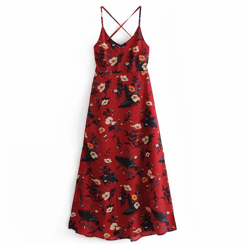 Women's Clothing Dress 2019 Red Printed Halter Laced Up Strap Slit Dress Ms Summer Street Sexy Slim Fit Temperament Clothing