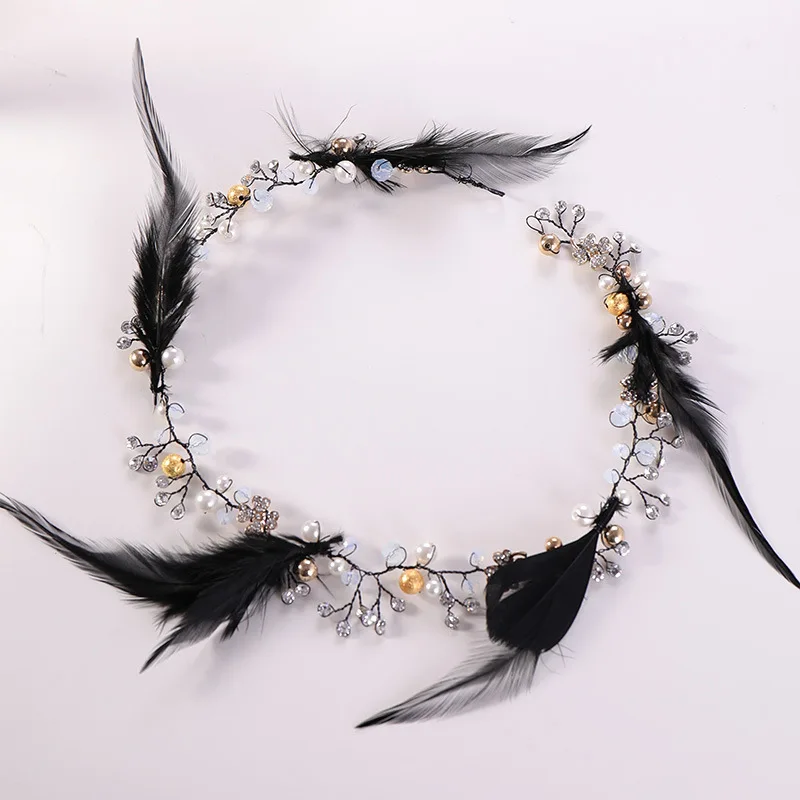 New Black Feather Bridal Hair Accessories Headbands Rhinestone Pearl