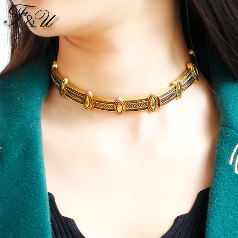 

F&U Vintage Gold and Silver Color Short Choker Necklace for Women Zinc Alloy Retro Antique Metal Europe Choker Necklace