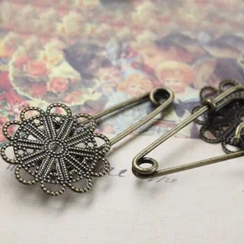 

Retro Brooch Bases with 22mm Circle Fliligree Flower Cabochon Settings Blanks Safety Pins Clips DIY Findings Antique Bronze tone
