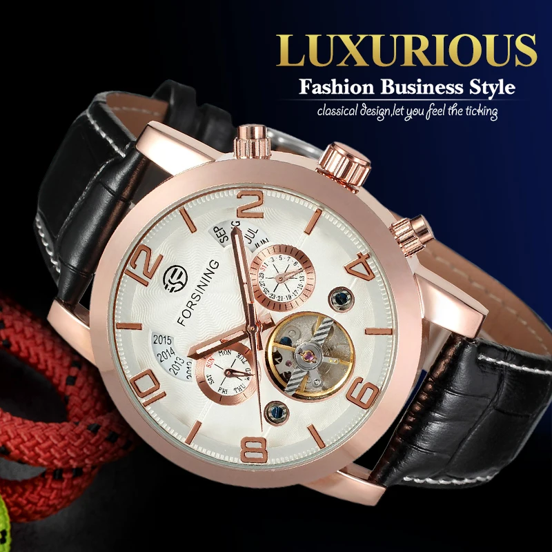 

Fashion Automatic Business Watch for Men Leather Band Mechanical Wristwatches with Two Sub-dials Gift Box