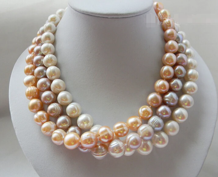 

>@@@@@ A>3Pieces 18'' 13MM Round White Lavender Pink Freshwater Pearl Necklaces a -Top quality free shipping