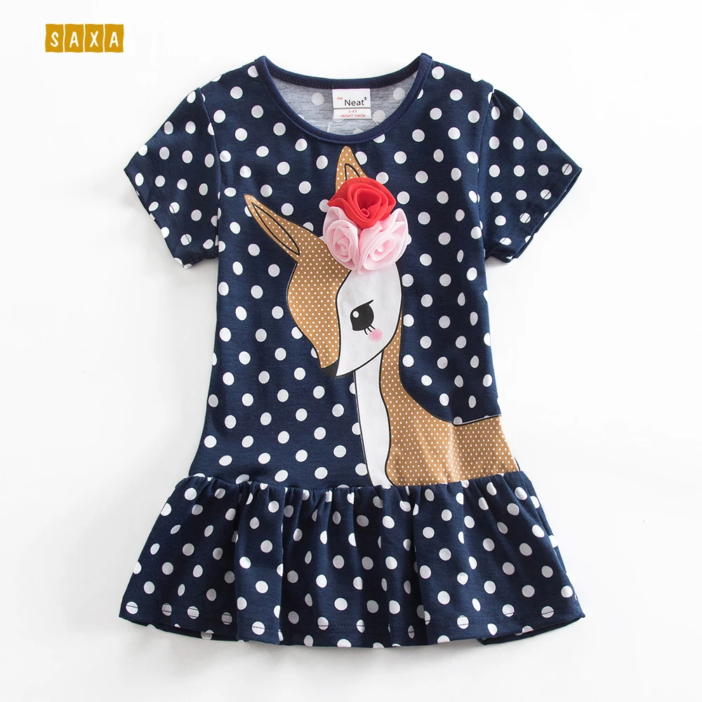 

Girl dresses NEAT cotton children clothes Dot deer pattern Kids clothes printed flowers cute girls short-sleeved dress SH6496
