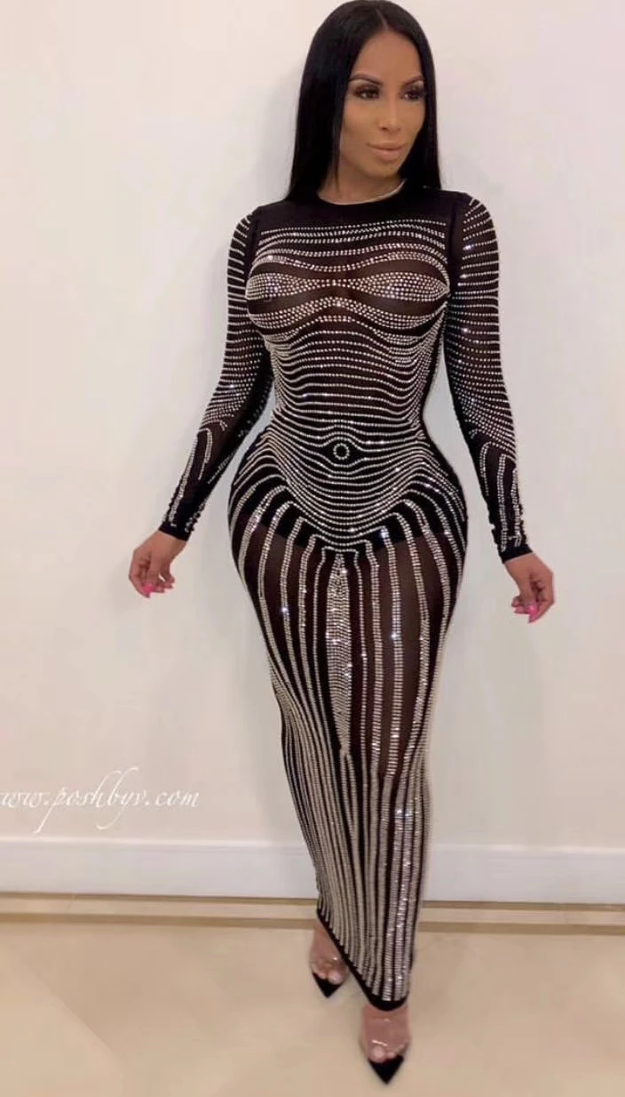 Vestidos Женская сексуальная сетка Блестки Длинные вечерние платья Дизайнерские Длинные рукава модные Шикарные Длинные вечерние платья