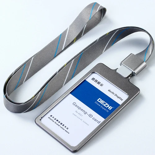 DEZHI глянцевый Бизнес ID держатель для карт с 1,5 см шейный ремень, металлический чехол для визиток с ремешком, индивидуальный логотип держатель - Цвет: grey stripe set