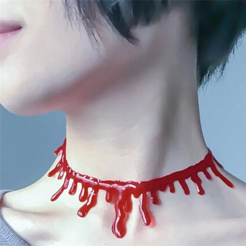 Punk Party Necklace Halloween Deathrock Charm Dress Ball Blood Red Stitch Choker Jewelry Pendant Collier ras de cou A24#N (5)