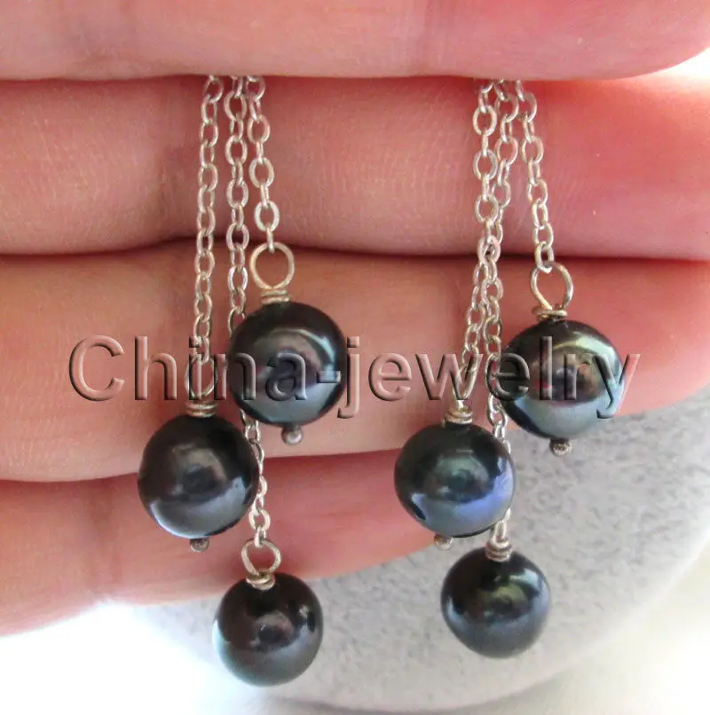 

Wholesale price 16new ^^^^9mm 3bead natural black round freshwater pearl earring -925 silver hook