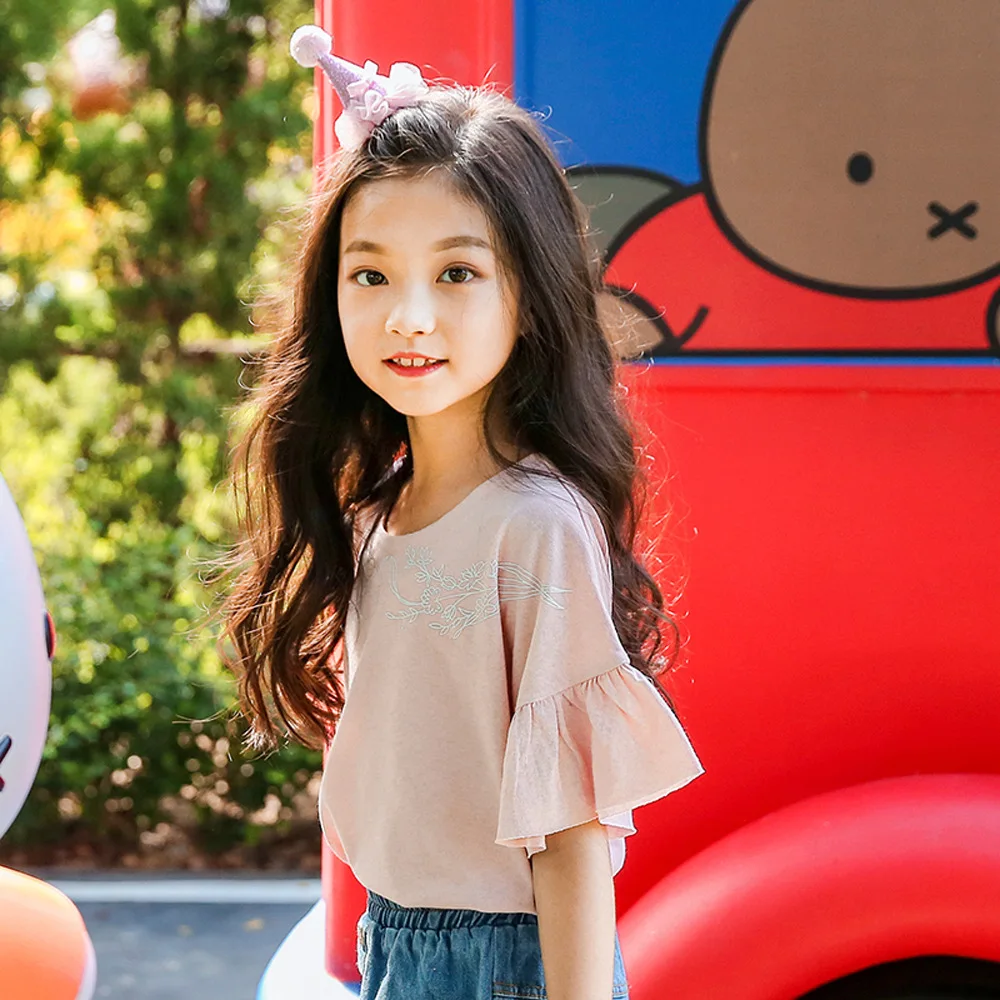 Beli Gadis T shirt Pendek Musim Panas Katun Mencetak Gadis Tanduk Lengan T shirt Solid O Leher Pink Anak Perempuan T shirt untuk 6 8 10 Tahun