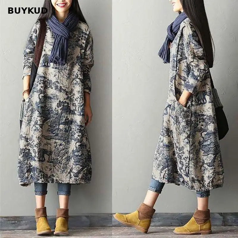 

BUYKUD Vintage Print Spring Autumn Women Dress 2018 Casual Cotton Linen Long Sleeve Dresses Femme
