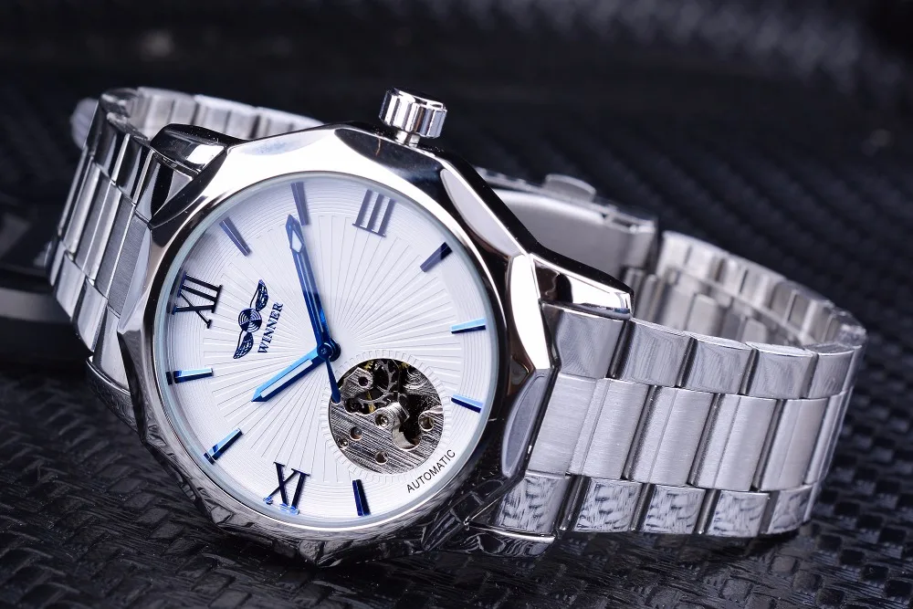 Winner Blue Ocean Geometry Design Transparent Skeleton Dial Mens Watch Top Brand Luxury Automatic Fashion Mechanical Watch Clock