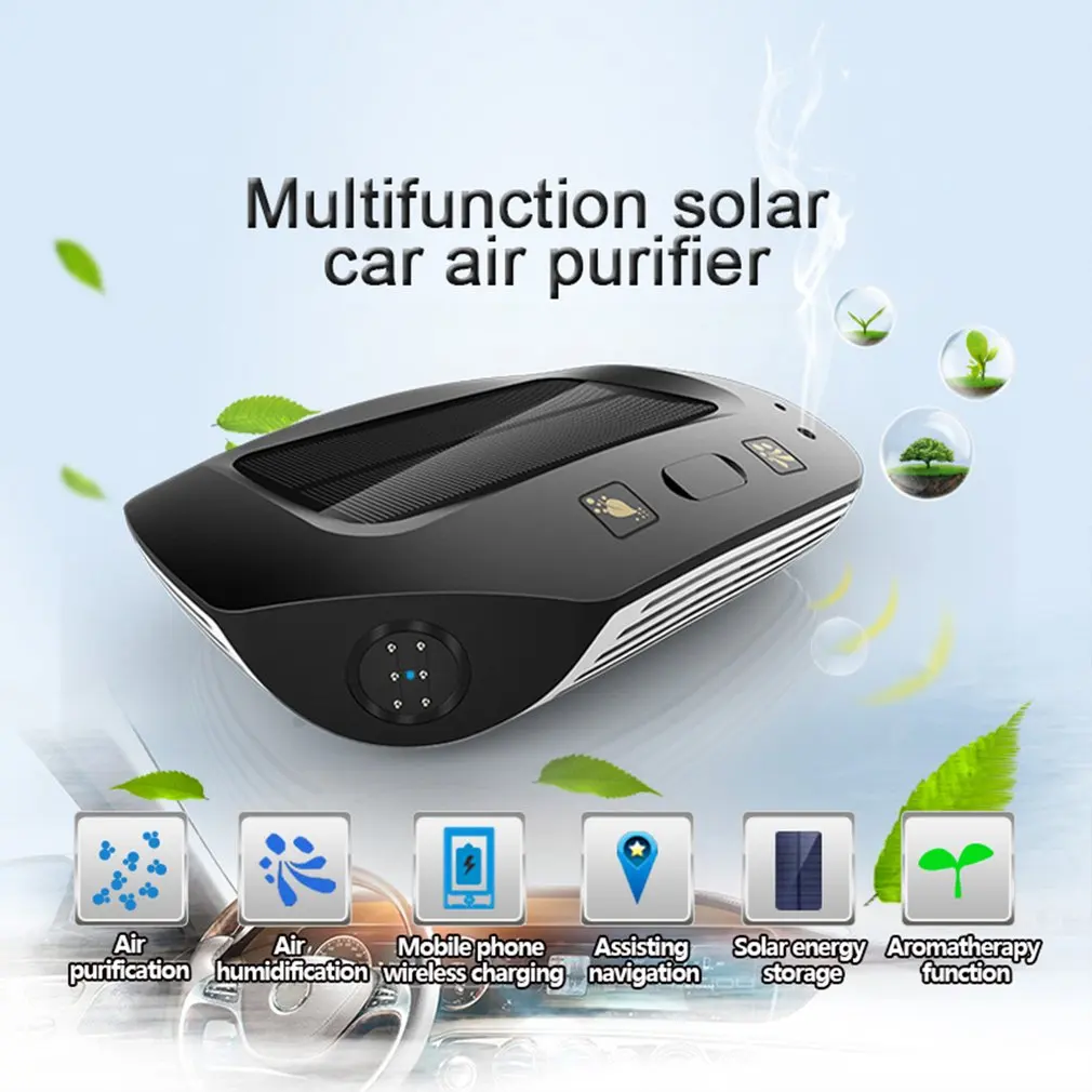 

Black Solar Smart Car Air Purifier Aromatherapy Diffuser Anion Humidifier Formaldehyde Odor Eliminator Wireless Charger