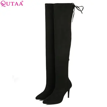 

QUTAA 2018 Women Over The Knee High Heel Thin High Heel Women Shoes Platform Zipper Winter Shoes Women Boots Size 34-43