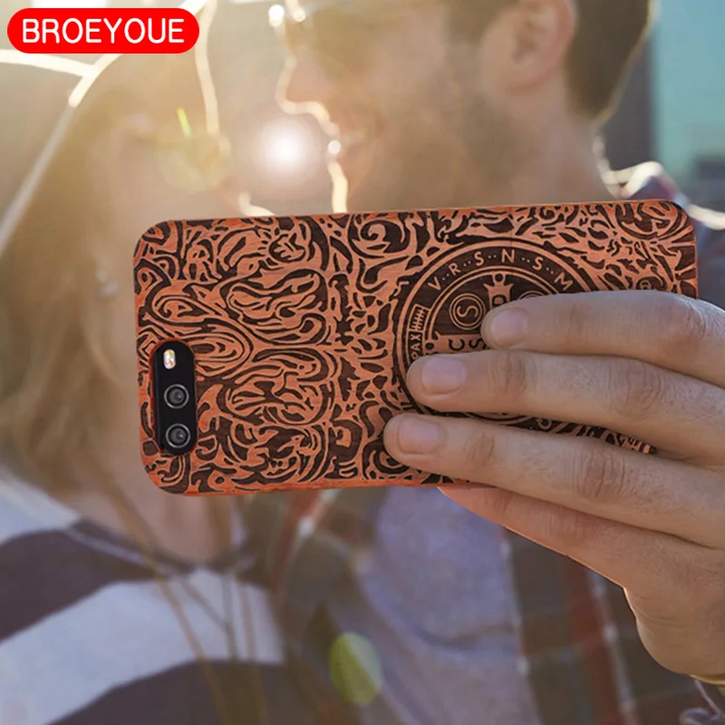 BROEYOUE For iPhone 6 6S 7 8 Plus X Case 100% Natural Wood Carvings Case For iPhone 5 5S SE Protective Mobile Phone Cases Cover