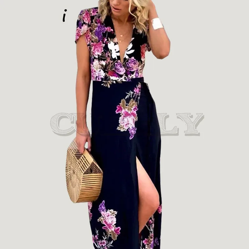 

Cuerly Long bohemian floral print dress women vestidos 2019 new wrap beach maxi dresses Elegant split party chiffon dress L5