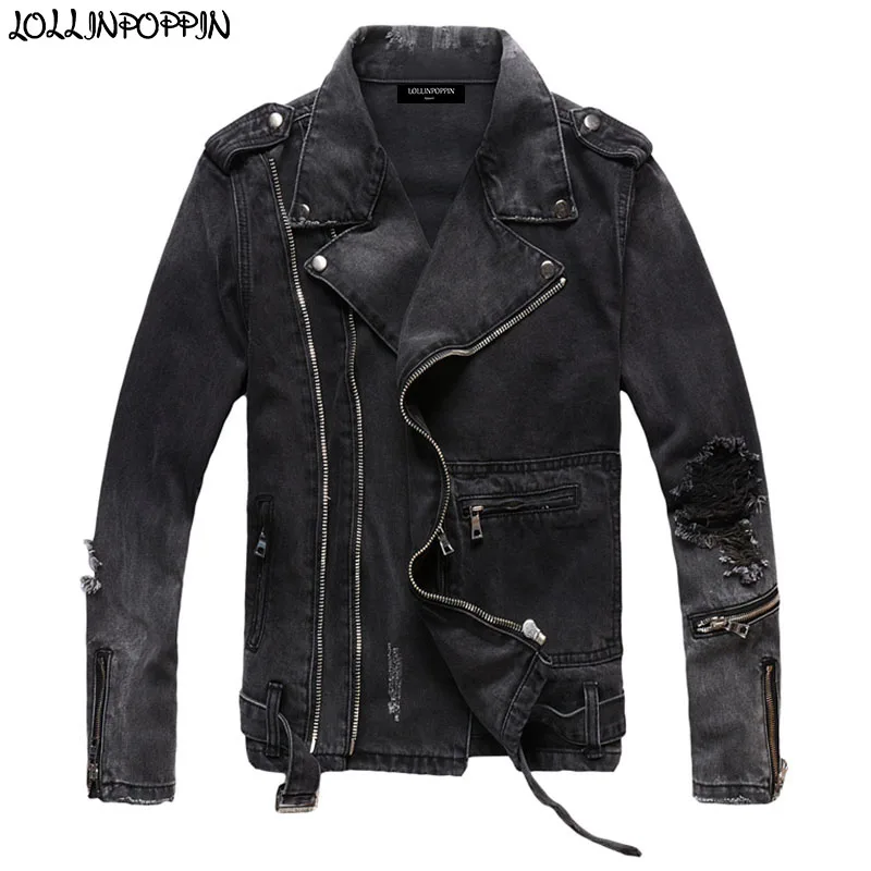 

Men Biker Jean Jacket With Epaulets Retro Mens Ripped Holes Denim Jackets Notched Lapel Zippered Cuffs Male Punk Denim Coat