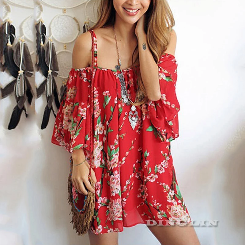 

2016 Hot Sale New Womens Summer Vintage Off Shoulder Boho Red Dress Chiffon Party Rockabilly Retro Floral Print Vestidos CL2912