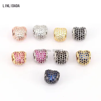 

10Pcs Micro Pave Zircon CZ European Charms Multicolor Plated Big Hole Heart Spacer Beads DIY Findings Bracelet Making