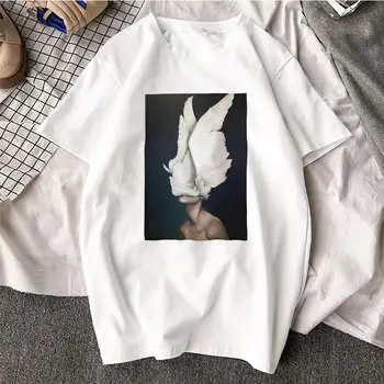 

New Casual O Neck T-Shirt Unisex TShirt Fashion Short Sleeve TShirt Wings Feather Surreal Printed Cotton Top Tees