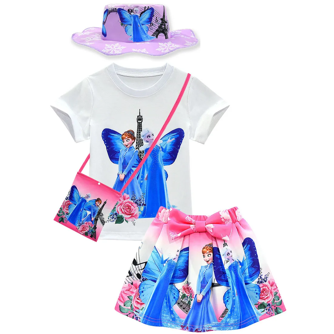 

2-8T Girls Clothes Sets Cartoon Childen Cotton Tees Tracksuit Elsa Anna Princess T Shirt + Skirt Bag Hat Casual Kids Clothing