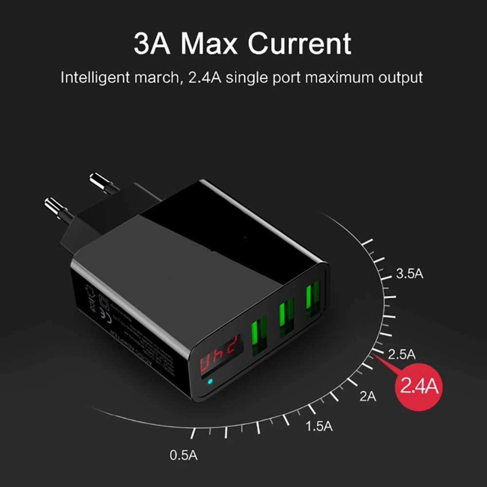 Портативное настенное зарядное устройство для телефона с 3 usb-портами, светодиодный адаптер с разъемом EU/US, умная Быстрая зарядка для iPhone, iPad, samsung, Xiaomi