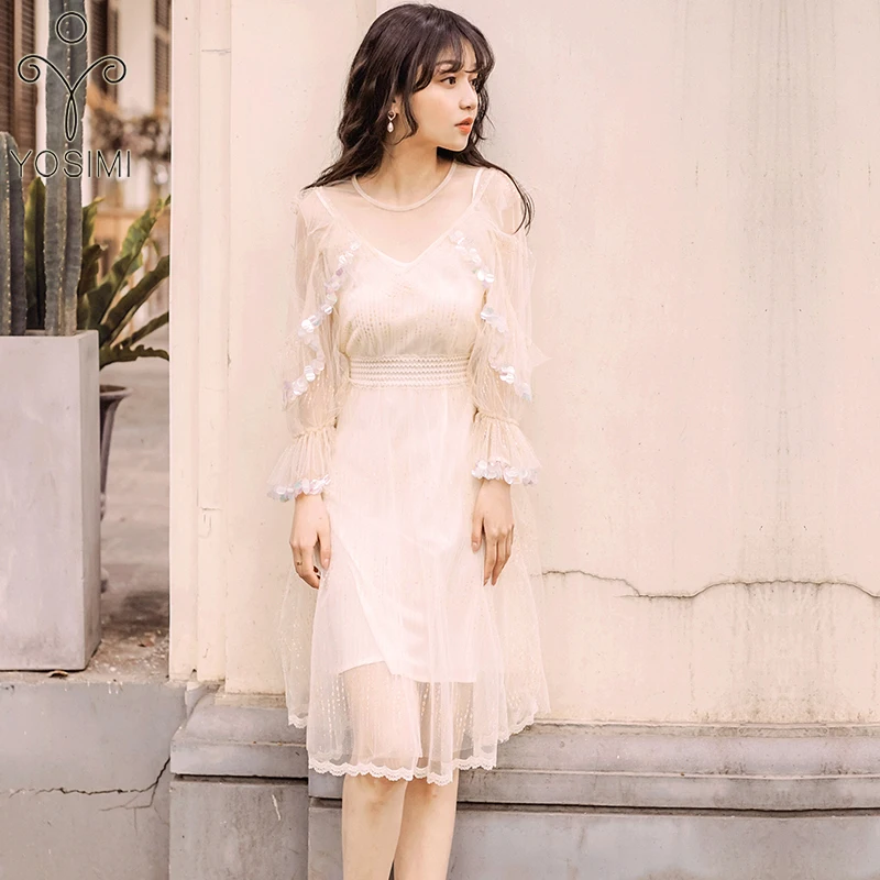 

2019 Summer Evening Party Midi Women Dress Elegant Mesh Dress Beige Petal Sleeve O-neck Knee-Length Vintage Long Sleeve Dress