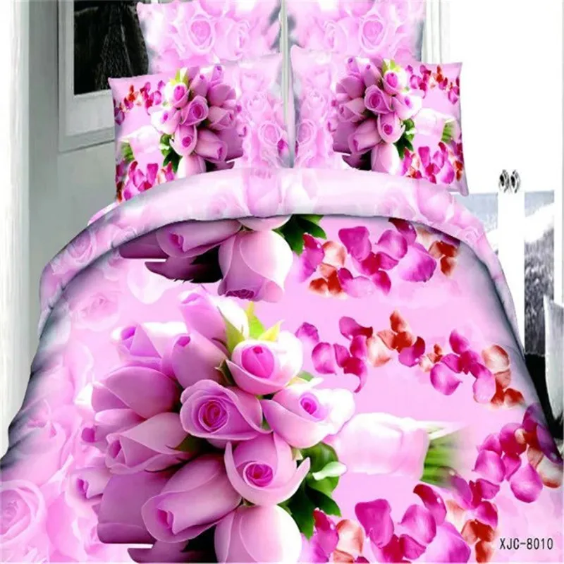 Esydream 3D Oil Painting 4pc Pink Rose Princess Duvet Cover Sheet ,100