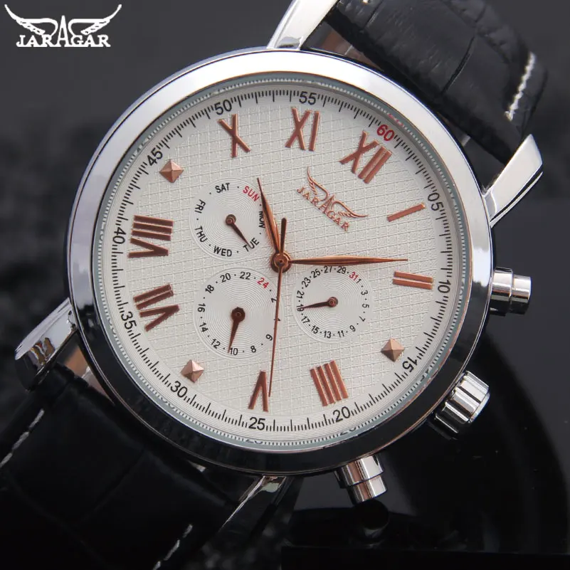 men mechanical watches Jaragar brand sport men s automatic 6 hands genuine leather strap watches black