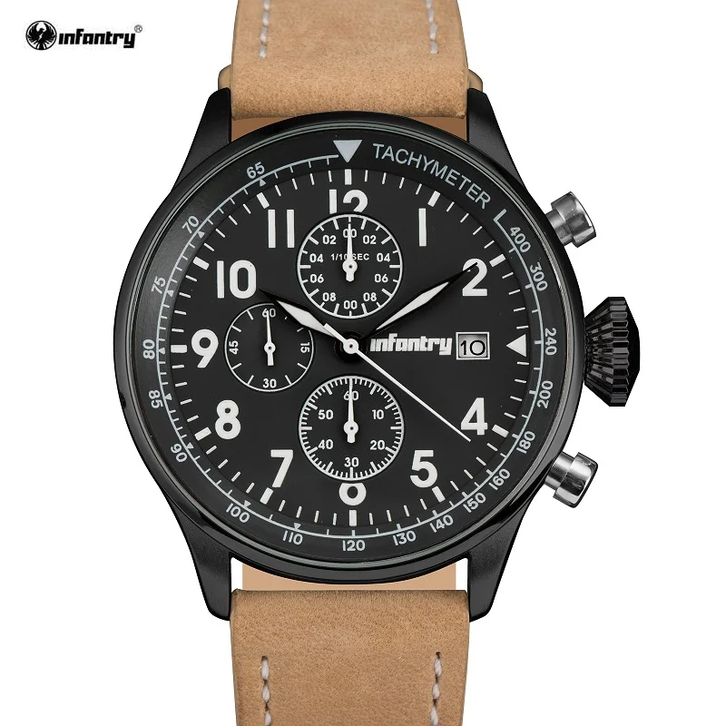 

INFANTRY Luxury Brand Male Sport Black Case Watchwrist Military Analog Brown Band Quartz Clock Relogio Masculino Watches /INF015