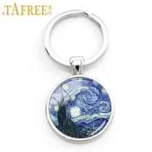 Llavero con anilla de Metal de cristal TAFREE, joyería para hombres y mujeres, llavero artístico abstracto de noche estrellada de Van Gogh, obra artística para regalo KC209